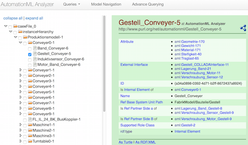 AutomationML Analyzer: Interface for browsing integrated mechatronic engineering models.